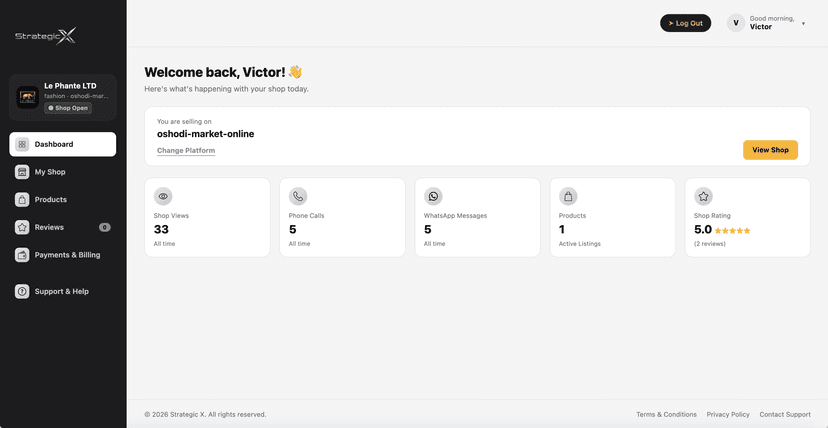 Strategic X vendor dashboard showing shop views, calls, WhatsApp messages and rating